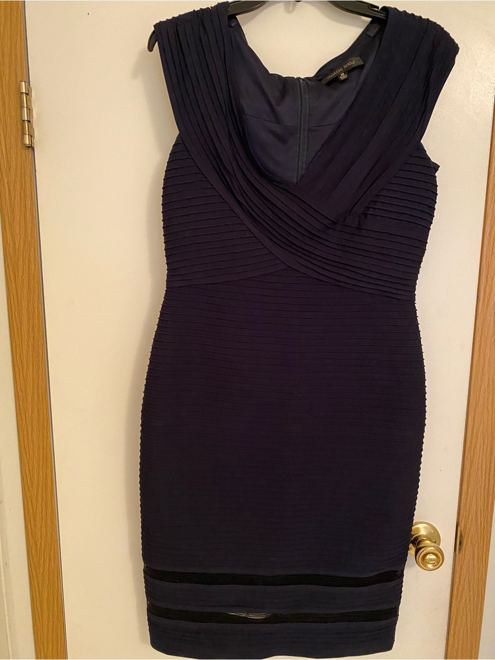 Tadashi Shoji Navy Pleated V-Neck Midi Sheath Dress